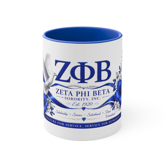 Zeta Phi Beta sorority mug with blue interior and branding on a white background