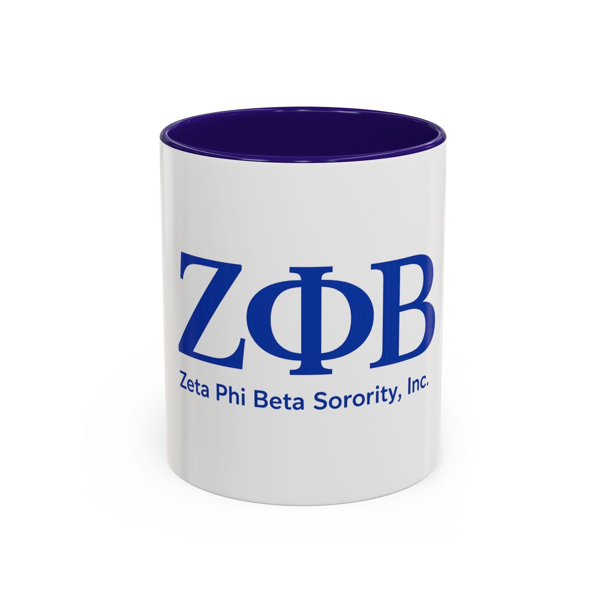 White mug with blue interior and Zeta Phi Beta Sorority, Inc. text on a white background