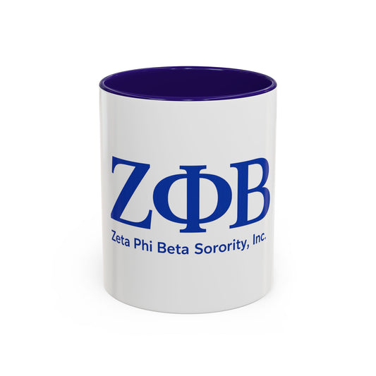 White mug with blue interior and Zeta Phi Beta Sorority, Inc. text on a white background